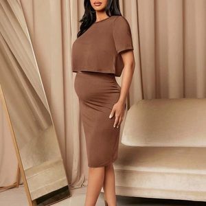 SHEIN Maternity Solid Crop Tee & Adjustable Waist Skirt Set